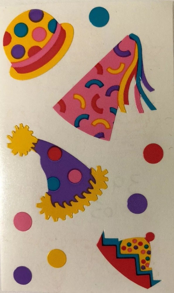 PARTY HATS Stickers(10pc)Mrs.Grossman’s •Birthday•Confetti•Dot•Clown•Celebration