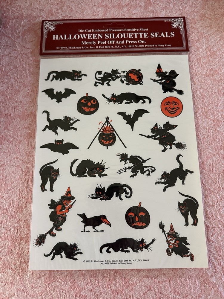 Vtg 1999 Shackman Embossed Halloween Silouette Stickers Black Cat witch Bat NOS