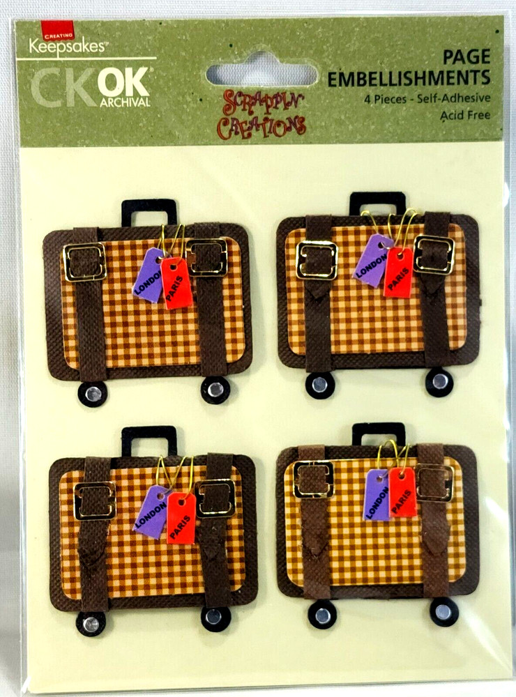Rare Creating Keepsakes Suitcase Stickers Retro 3D Travel Embellishments 4pc
