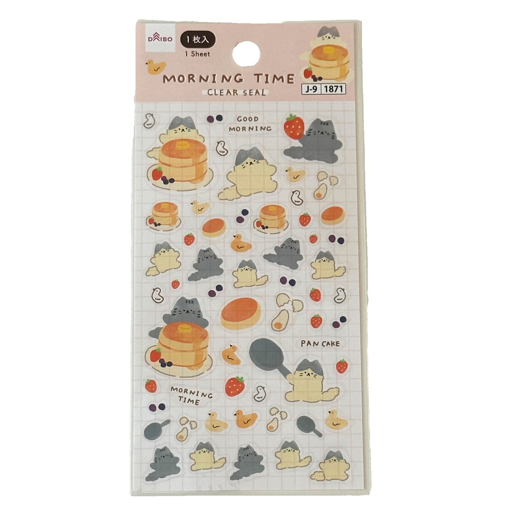 Daiso Sweet Animals Cat Morning Time Clear Seal Sticker Sheet