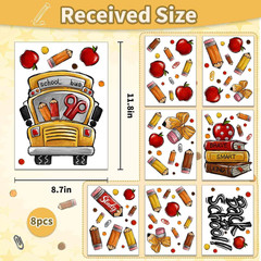 8 Sheets Back to School Window Clings,Cute School Bus Pencils Apple Window Stick