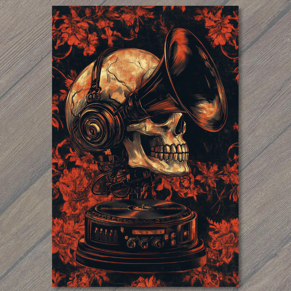 STICKER Skull Speaker Turntable DJ Headphones Red Floral Pattern Horror Music
