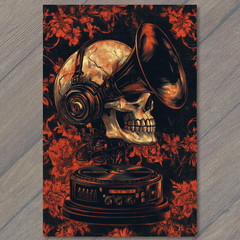 STICKER Skull Speaker Turntable DJ Headphones Red Floral Pattern Horror Music