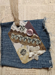 Six OOAK Junk Journal Denim Tags Ephemera Scrapbooking VTG Embellished Handmade