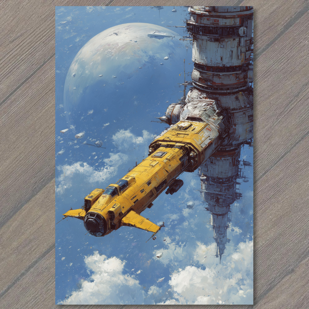 STICKER Yellow Spaceship Docking Futuristic Station Planet Orbit Sci Fi Galaxy