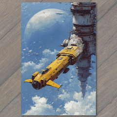 STICKER Yellow Spaceship Docking Futuristic Station Planet Orbit Sci Fi Galaxy