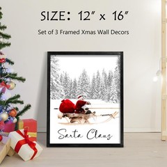 Set of 3 Framed Christmas Wall Art Farmhouse Santa Claus Is Coming To Town Wa…
