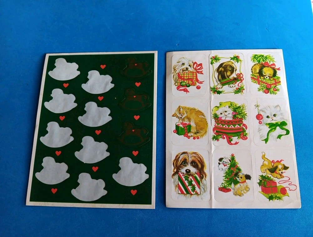Christmas Holiday Stickers Vintage Cat Dog Puppy Kitten Rocking horse READ