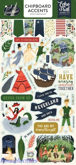 Echo Park Lost In Neverland 6×12 Chipboard New! Peter Pan, Lost Boys 50 pcs