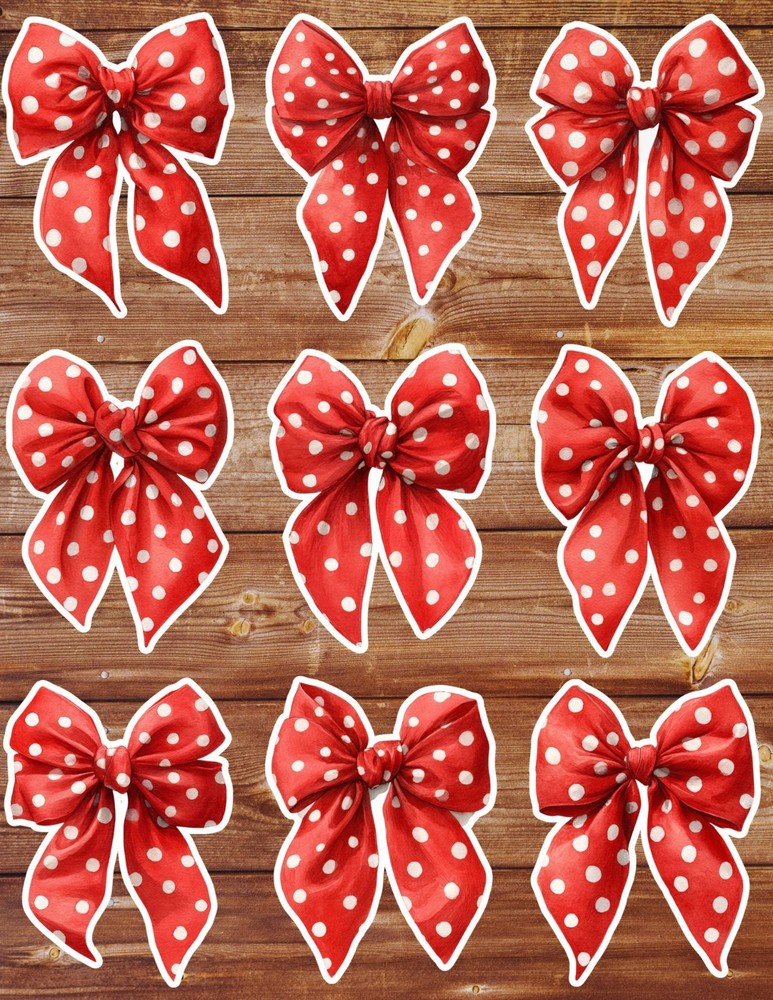 Red Polka Dot Bow Vinyl Die Cut Stickers Set Scrapbooking Laptop Water Bottle