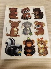 Old 1 Page Vintage 1979 Dennison Stickers Animals Monkey Kangaroo Skunk Bear