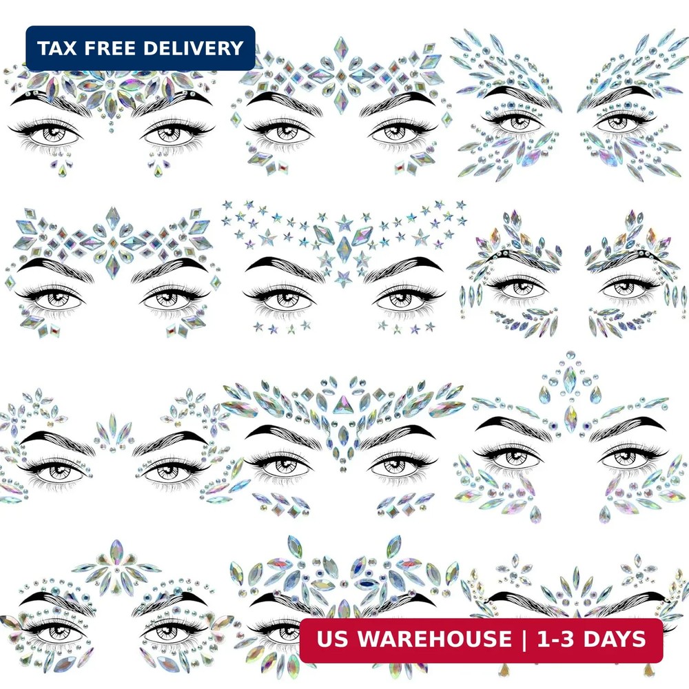 12 Sets Face Jewels Gems Mermaid Glitter Rhinestone Crystal Stickers Waterproof