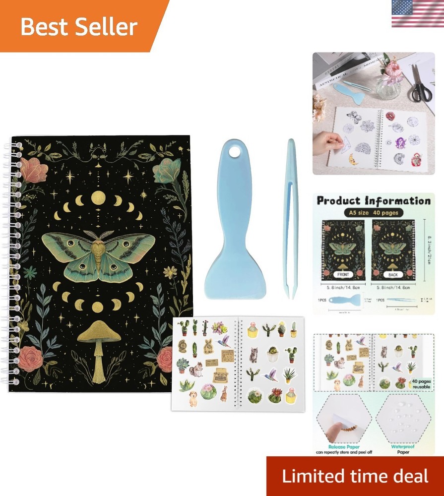 Intricate Moth Design Reusable Sticker Book – 40 Sheets for Crafts & Journaling