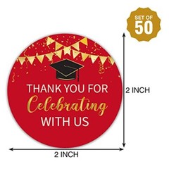2″ Red and Gold Graduation Thank You Stickers, 50 Congrats Grad Party Round