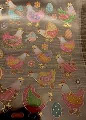 Stickers Chickens in Plaid Clothes Eggs Nest Flowers Bows Gold Foil Trim Hens