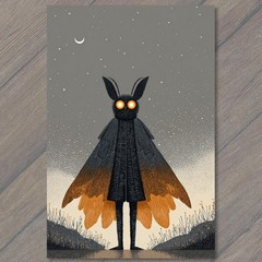 STICKER Moth Figure Glowing Eyes Night Sky Crescent Moon Orange Wings Folk