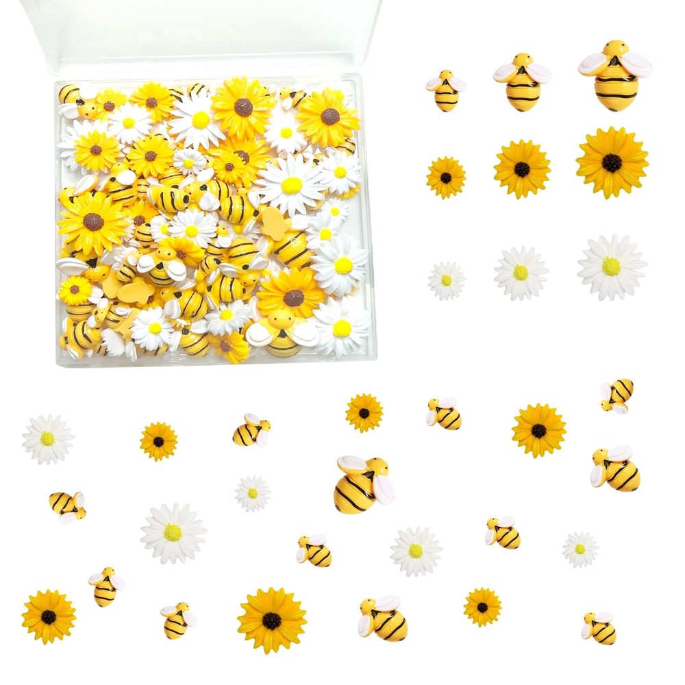 DANUDON 100PCS Mini Bees for Crafts Resin Bee Daisy Flowers yellow, white
