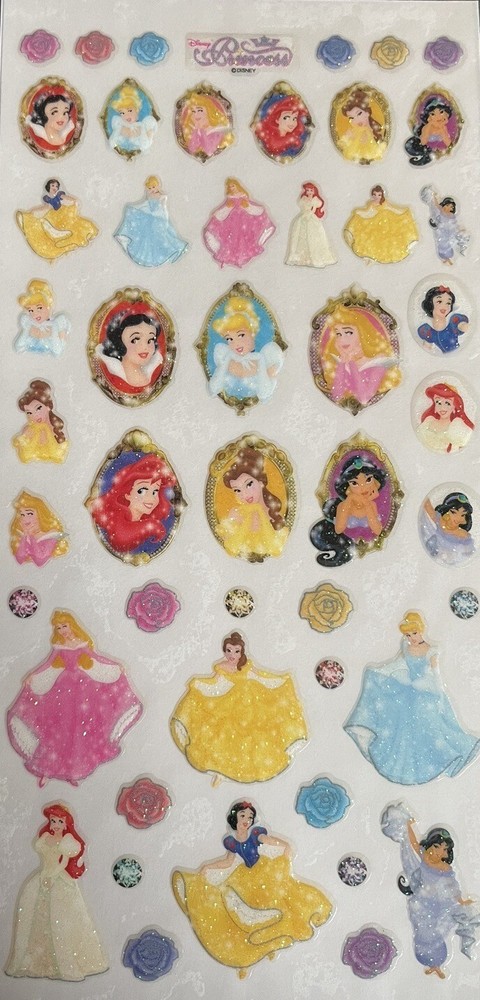 Vintage Disney Princess Glitter Stickers Snow White Ariel Aurora Belle Jasmin