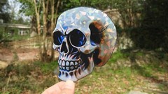 Pack of 2 – 4″ HOLOGRAPHIC Facing SKULLS Stickers BIG 4 inch skull STICKERS