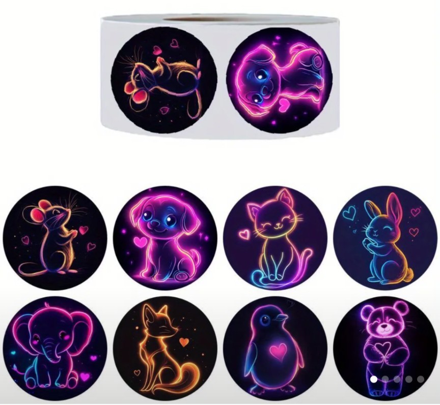 500 pcs Sticker Seals Roll Adorable Animals In «Neon Lights» Self Adhesive NEW