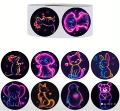 500 pcs Sticker Seals Roll Adorable Animals In «Neon Lights» Self Adhesive NEW