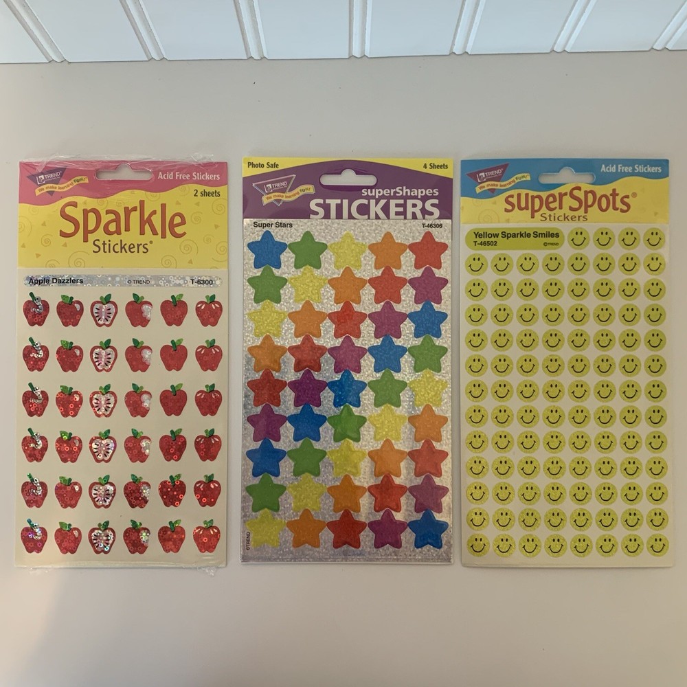 Vintage Trend Enterprises Sparkle Stickers NEW 3 Pks Apples, Stars, Smiley Faces