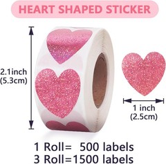 1500 Labels Glitter Pink Heart Stickers 1 inch Sparkling Cute Adhesive for
