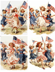 Set of Four 3.5×5 Inch Running w. Flags USA 4th of July Crafting STICKERS