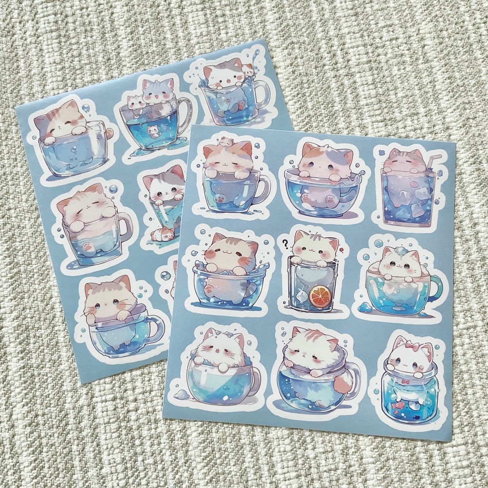 18 Cat in Cup Stickers, 1.75” Kawaii Kitten Waterproof Decals, Cats are Liquid