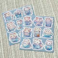 18 Cat in Cup Stickers, 1.75” Kawaii Kitten Waterproof Decals, Cats are Liquid
