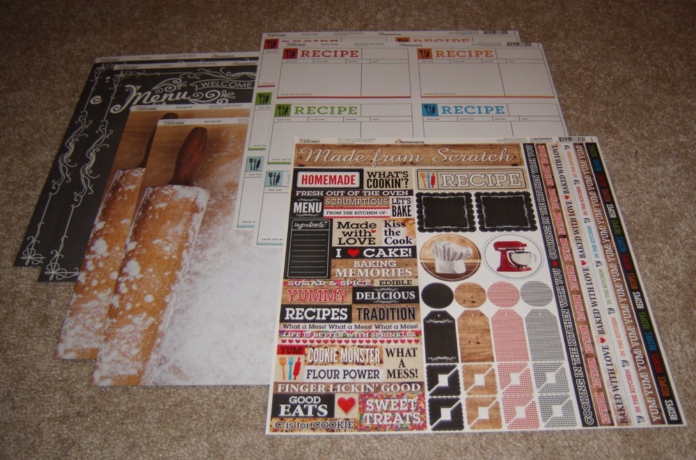 Reminisce 12×12 Dbl. Sided Scrapbook Paper Lot of 6 w/Sticker ~ Kitchen Cooking