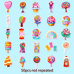 50PCS Cartoon Candy Stickers for Teens Kawaii Dessert Stickers for Water Bottles