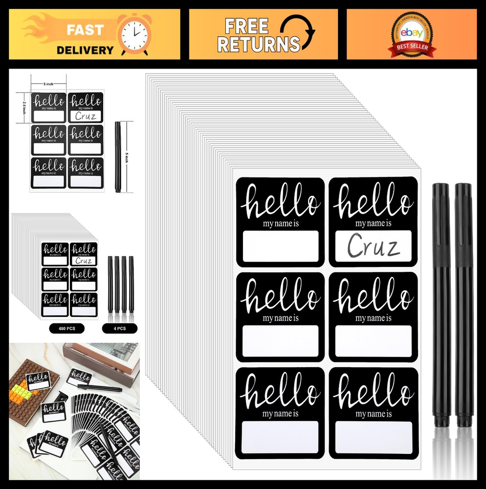 480 Name Tag Stickers with Black Marker – Perfect for Home, School, Office & Eve