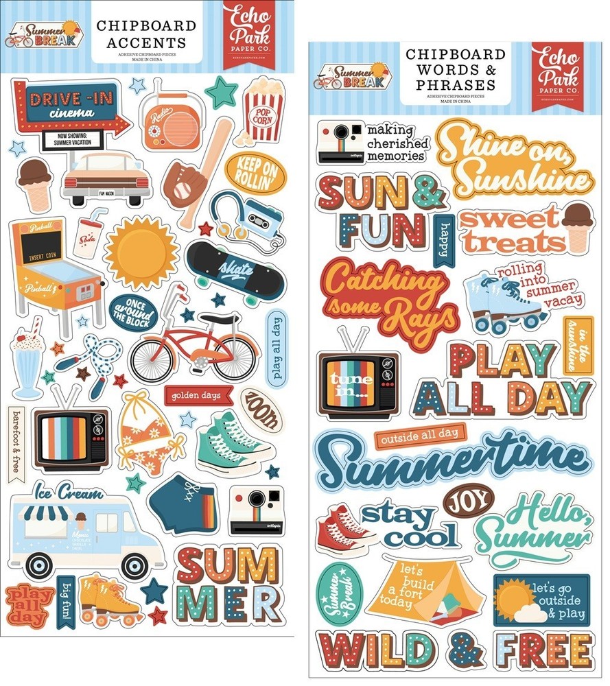 Echo Park SUMMER BREAK (2) 6″x13″ Chipboard COMBO Accents + Words Phrases