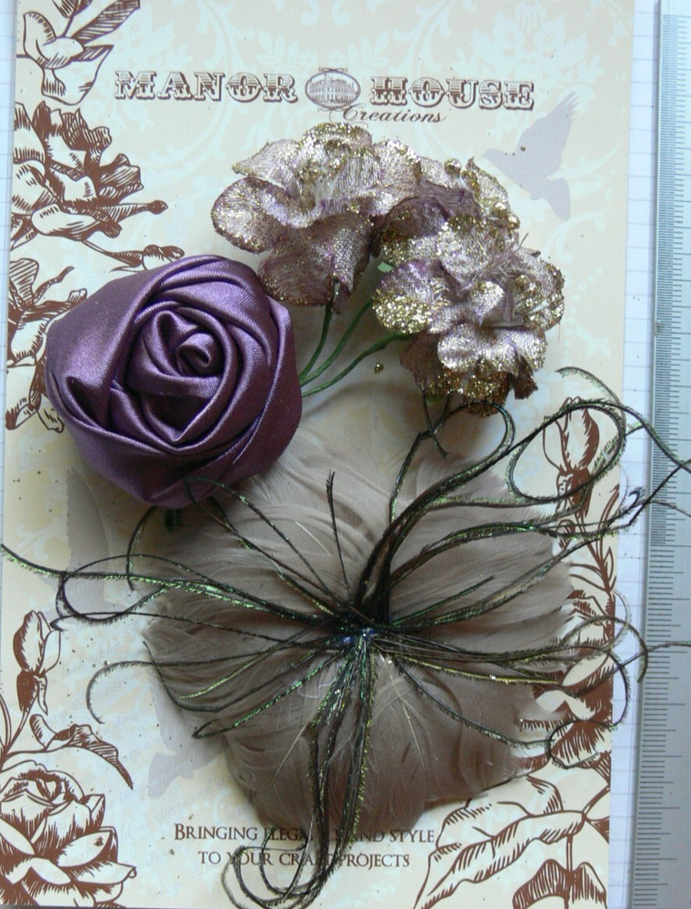 EGGPLANT, ORCHID PINK, Lt BROWN Feather Fabric Satin 35-70mm 5Flower Pk N2 B NJC