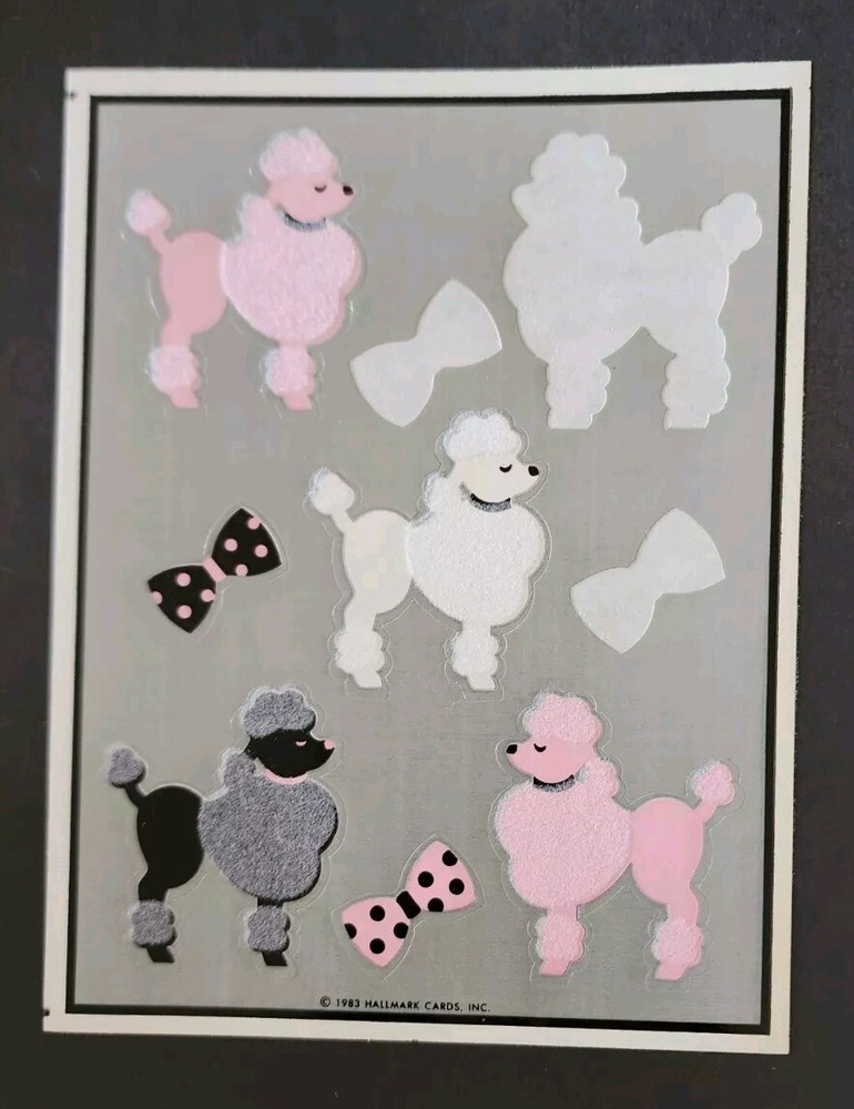 Vintage 1983 Hallmark Partial Sticker Sheet Poodles Pink Black Fuzzy Flocked