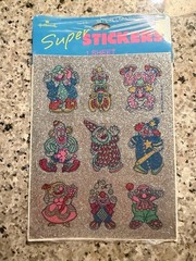 RARE! Vtg 80s HALLMARK STICKERS RAZZLE DAZZLE GLITTER CLOWNS NOS IN PACK 1 Sheet