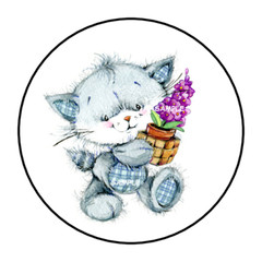 CUTE KITTEN WITH FLOWERS ENVELOPE SEALS STICKERS LABELS TAGS 1.5″ ROUND (30)