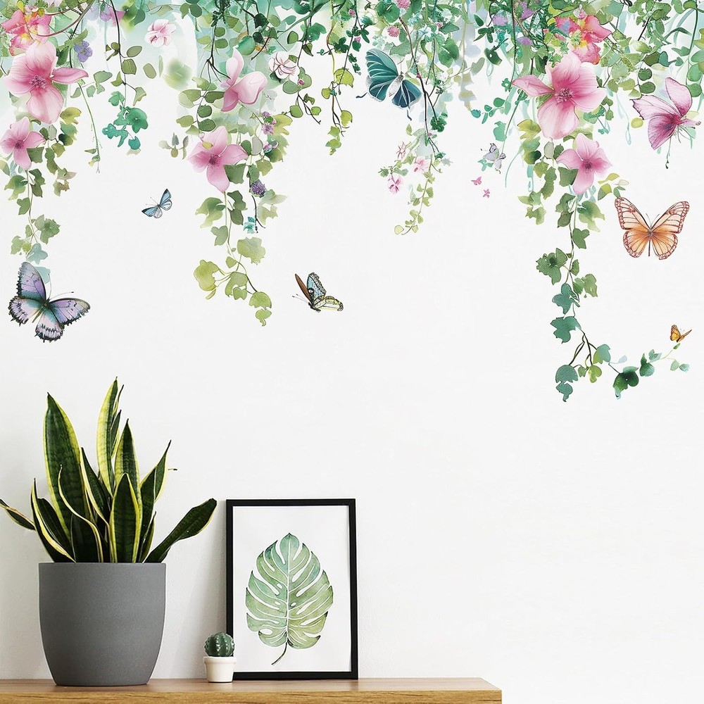 Flower Vine Wall Decals Hanging Green Leaves Wall Stickers Butterfly Flower Plan