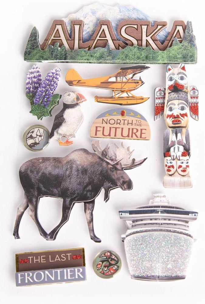 Die-Cut Dimensional & Glitter Accent Travel Scrapbook Sticker Sheet – Alaska Las