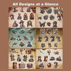 120PCS Steampunk Stickers – Mechanical Cats, Airship, Water-Resistant for Scrapb