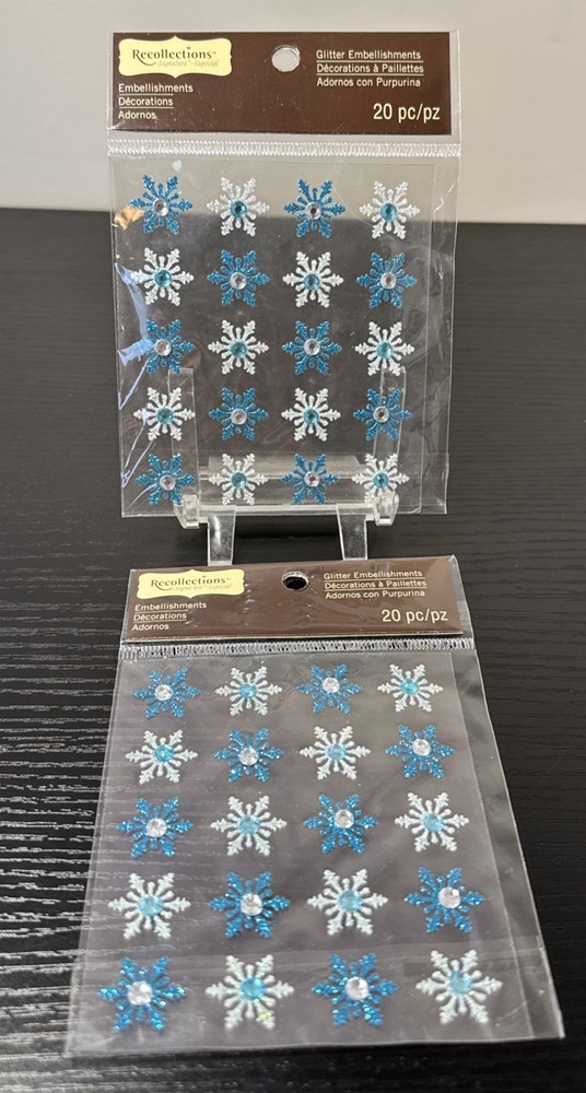 2 Recollections Glitter Snowflake Embellishment 20pcs Stickers Blue & White New