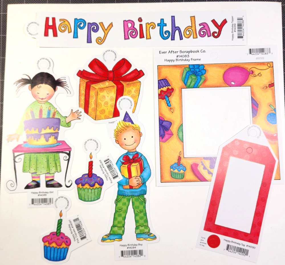 Happy Birthday Girl Boy Presents Cupcake Whimsical Die Cut Set & Frame Tags 2002