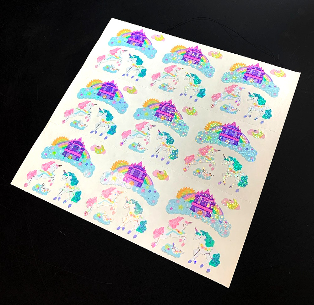 9 mod UNICORN SANDYLION PRINCESS vintage UNCUT sticker PRISM prismatic glitter