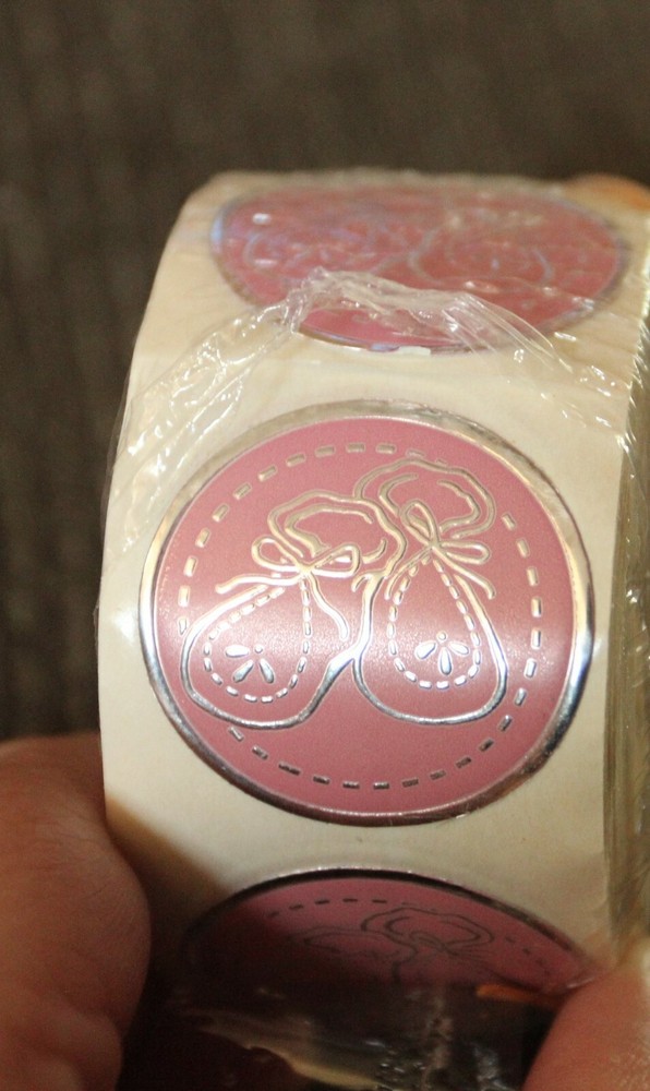 12 Round BABY GIRL BOOTIES Fossler Embossed Foil Seals Stickers SHOWER , INVITES