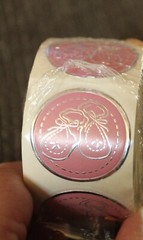 12 Round BABY GIRL BOOTIES Fossler Embossed Foil Seals Stickers SHOWER , INVITES