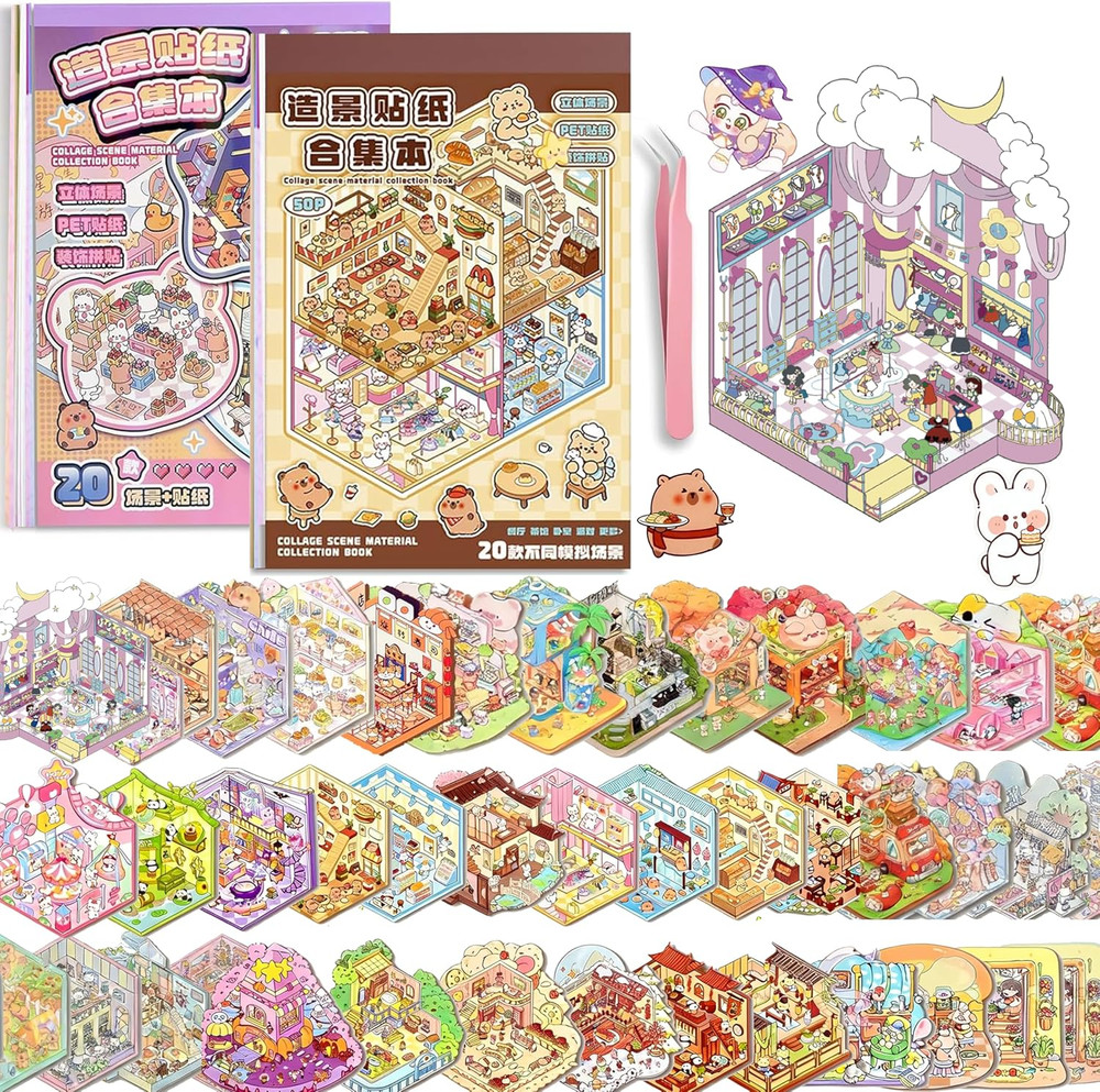 40 Sets DIY 3D Sticker Scenes, Miniature House Pet Shop Room Stickers