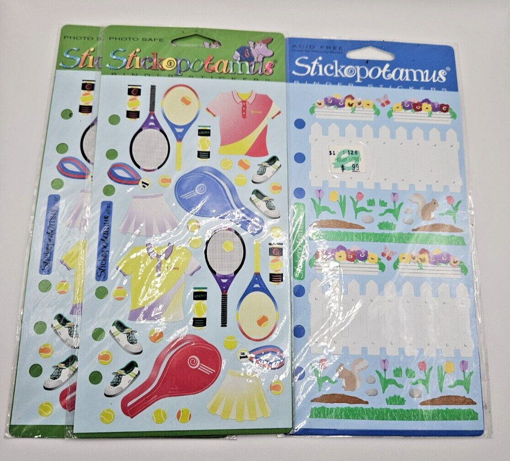 Vintage Stickopotamus Binder Stickers (2) Tennis (1) Fence outside accessories