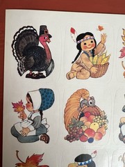 VTG AGC Stickers Thanksgiving Lot of 2 Sheets Critters Turkey Pilgrims Pumpkins