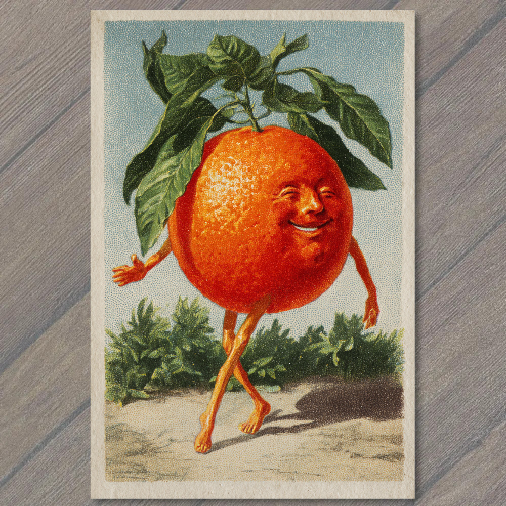 STICKER Dancing Orange Man Vintage Fruit Character Whimsy Retro Cheerful